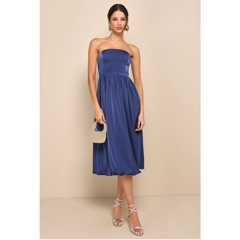 NWOT Lulus Elegant Navy Blue Strapless Bubble Hem Midi Dress